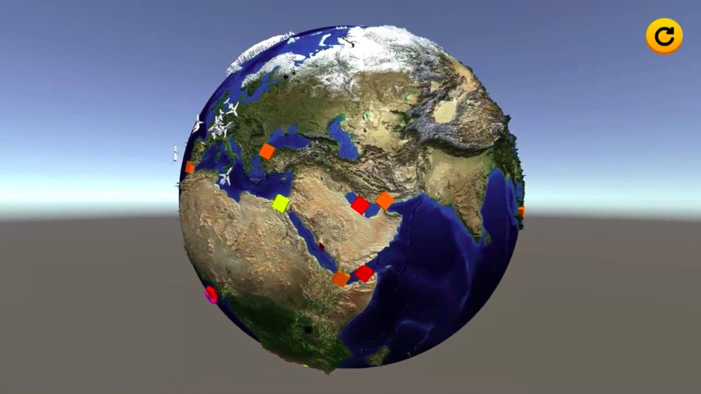 An earlier build of the project showing real planes tracked over the globe